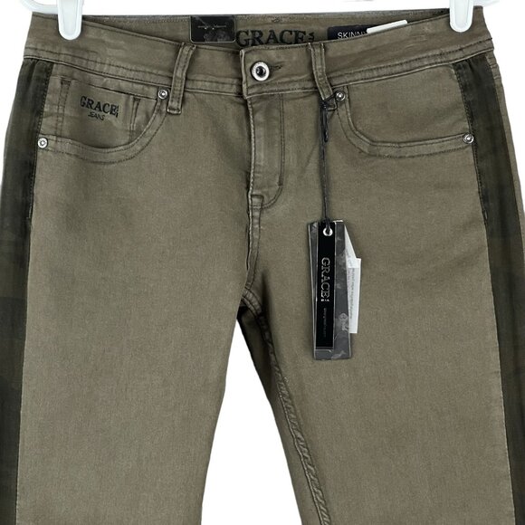 GRACE in LA Women's Jeans Size 29 Skinny Stripe Side Stretch Raw Hem Olive Green - Picture 3 of 13